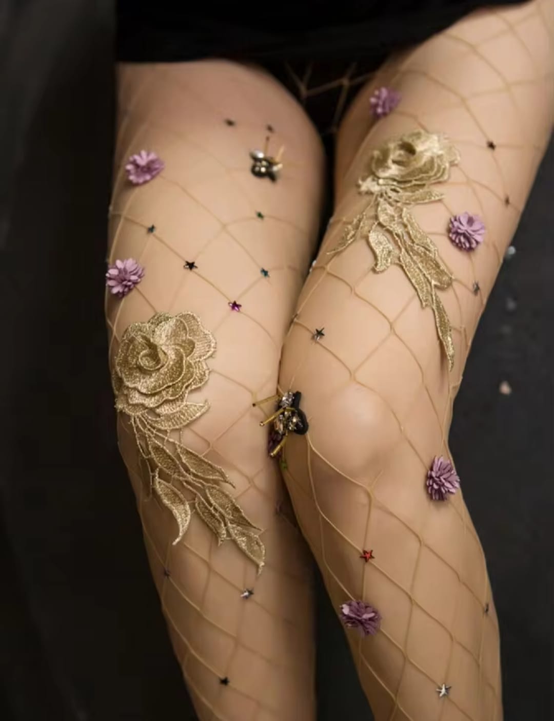Women’s Nude Floral Embroidered Fishnet Tights – Sheer Mesh Stockings with 3D Flower & Star Details